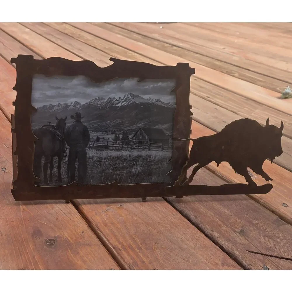 Rare Rijline Metal Art Montana Buffalo Picture Frame Signed Western Lodge Decor